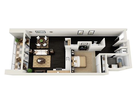 Floor plan for 1 bed, 1 bath, 858 sqft
